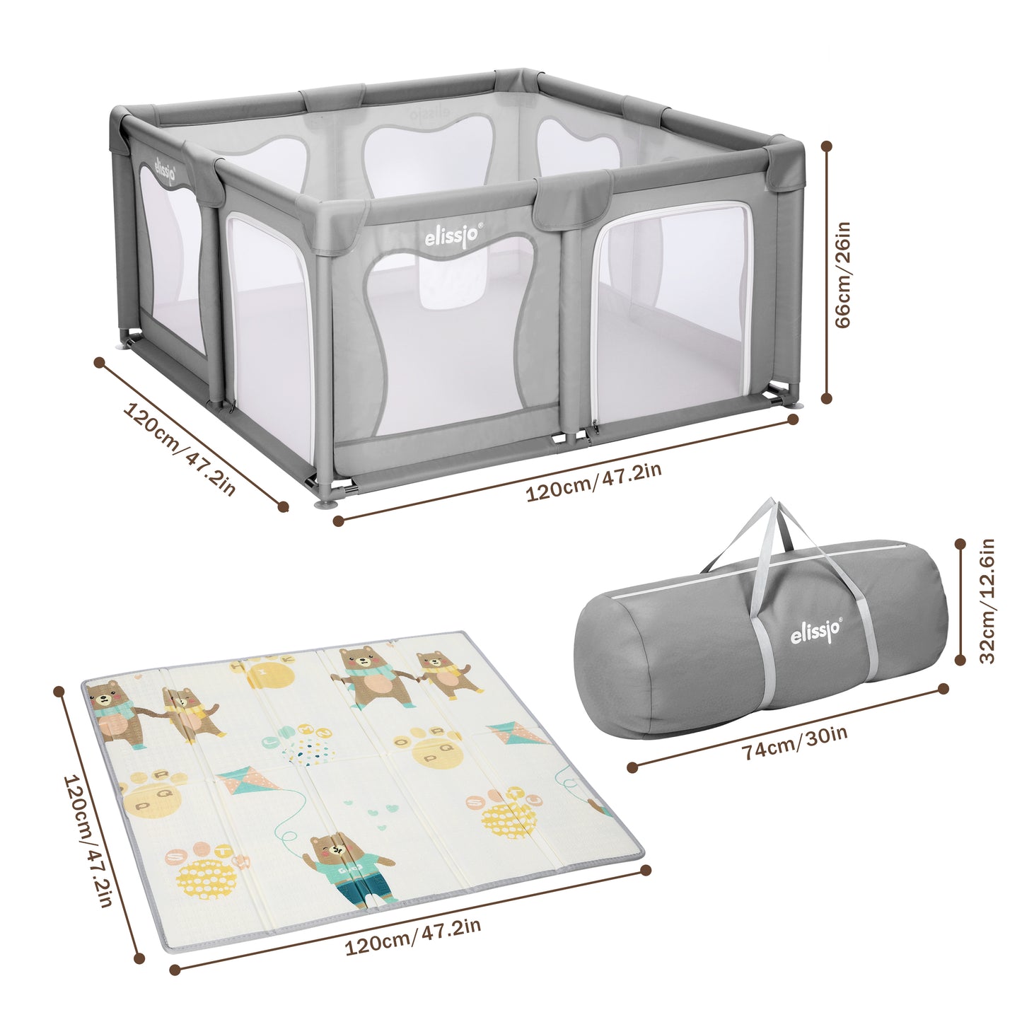 Elissio® Playpen 120×120 cm Gray