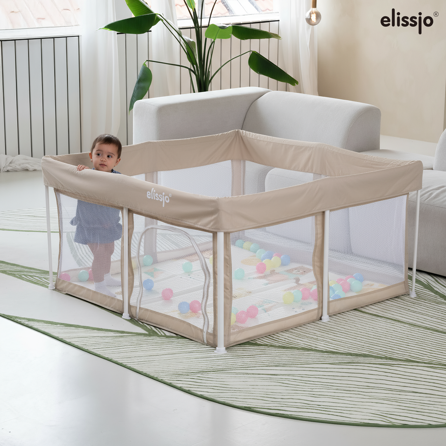 Elissio® Grondbox Inklapbaar 125×125 cm Beige Speelballen Edition