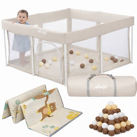 Elissio® Foldable Playpen 125×125 cm Beige Ball Edition