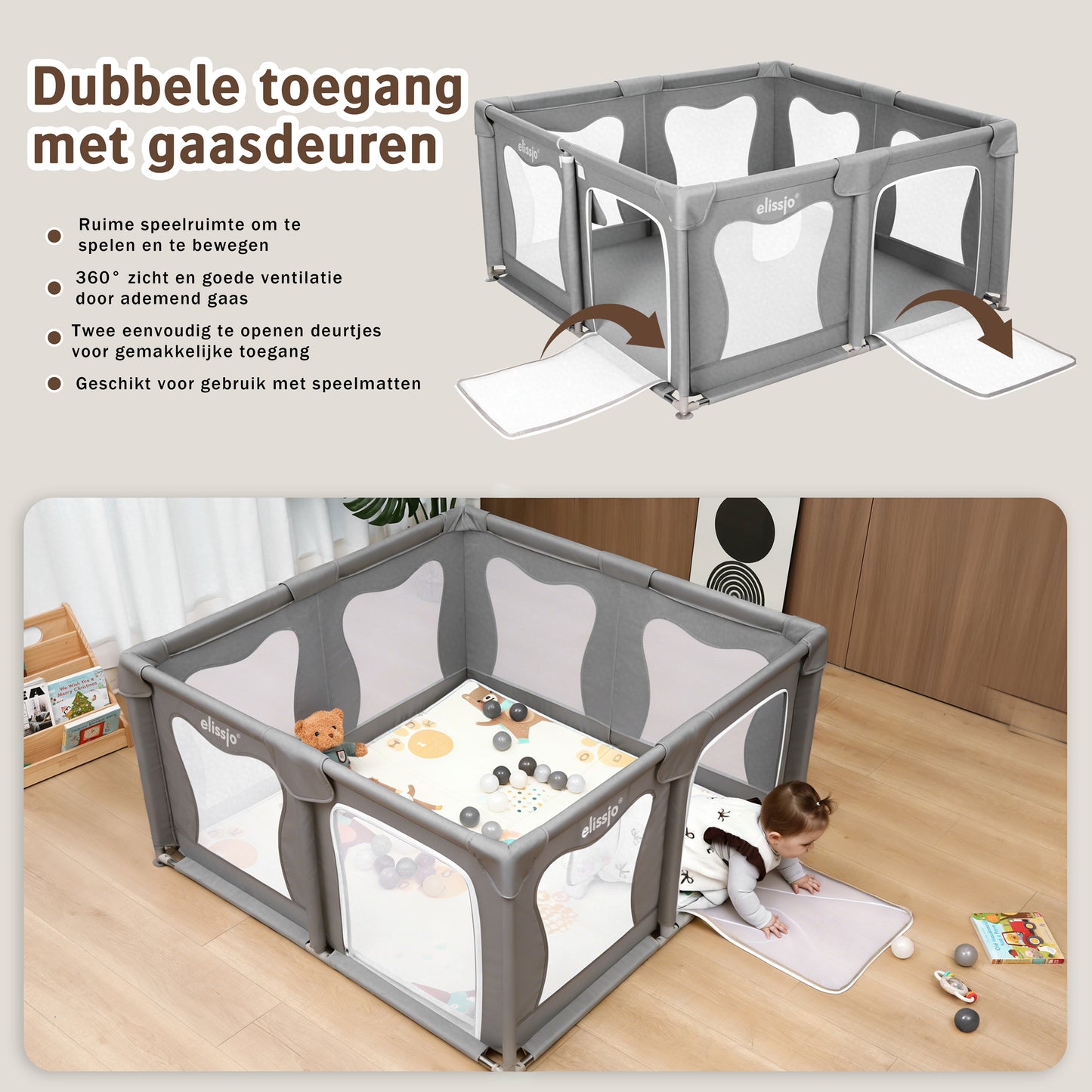 Elissio® Playpen 120×120 cm Gray