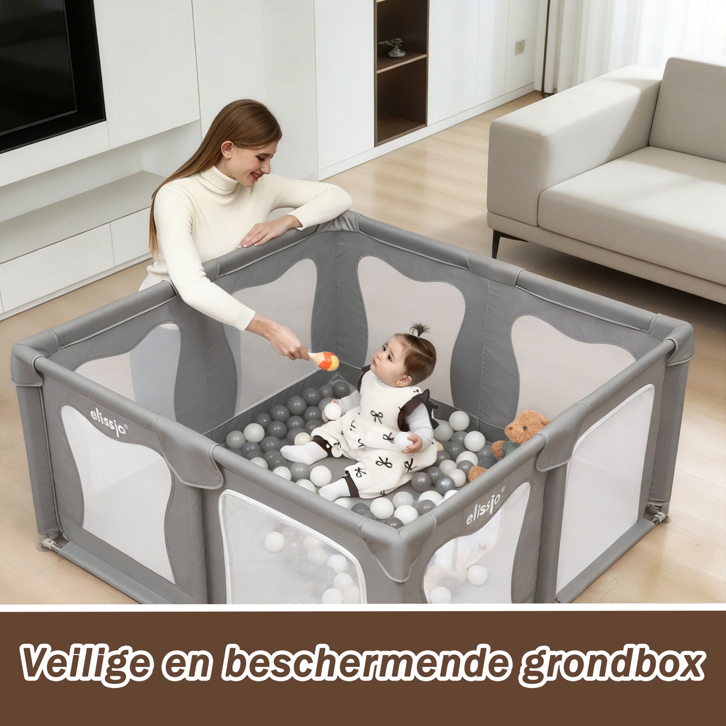 Elissio® Playpen 120×120 cm Gray