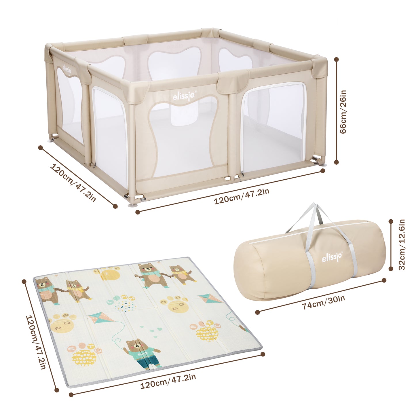 Elissio® Playpen 120×120 cm Beige