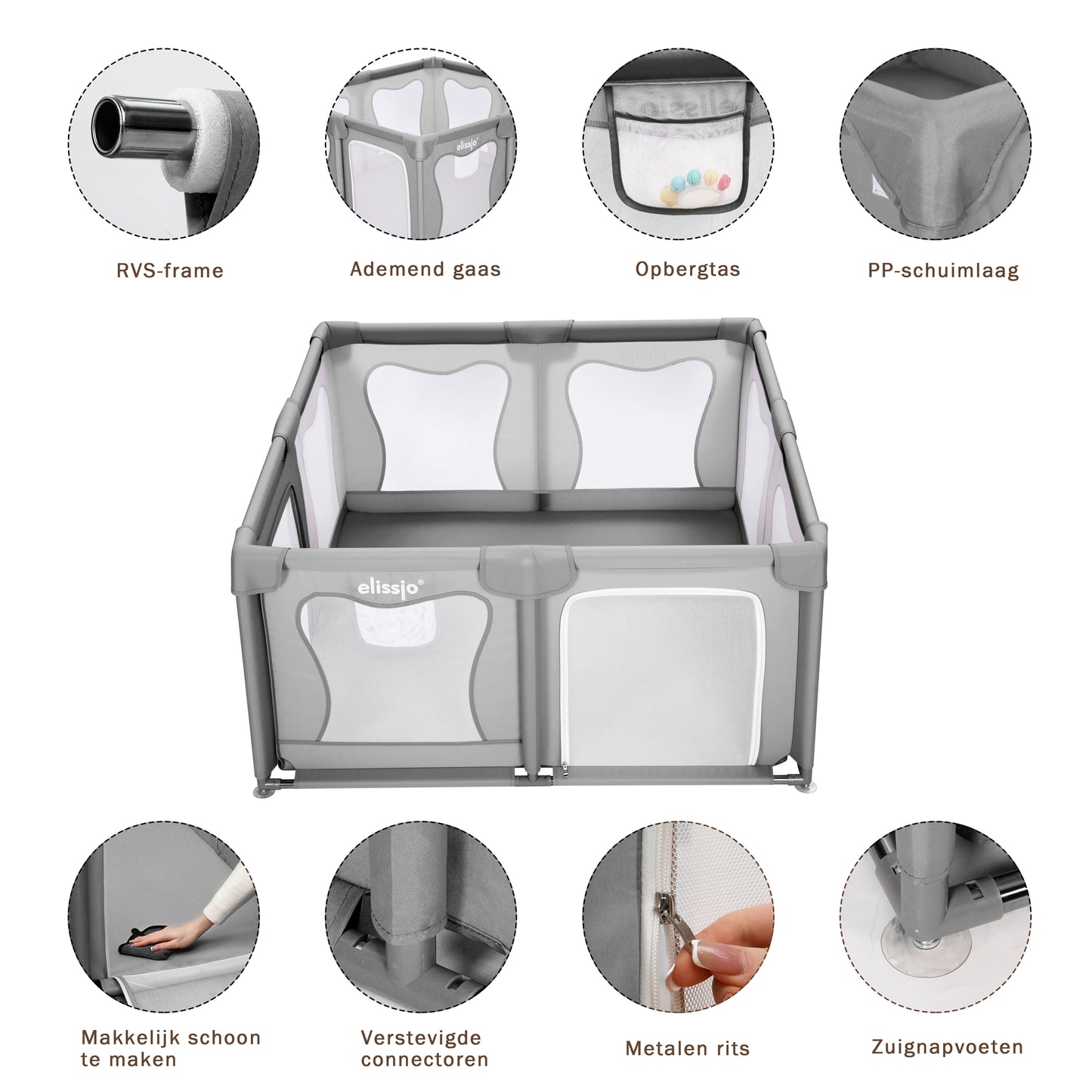 Elissio® Playpen 120×120 cm Gray