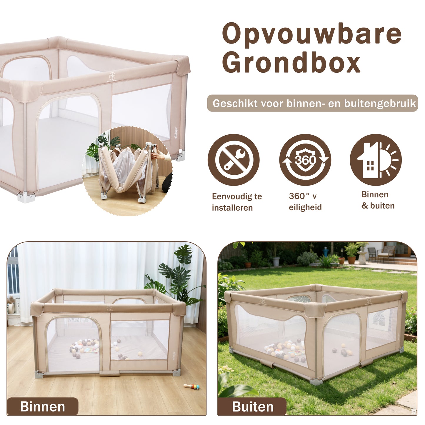 Elissio® Grondbox Inklapbaar 150x150 - Beige Speelballen Edition