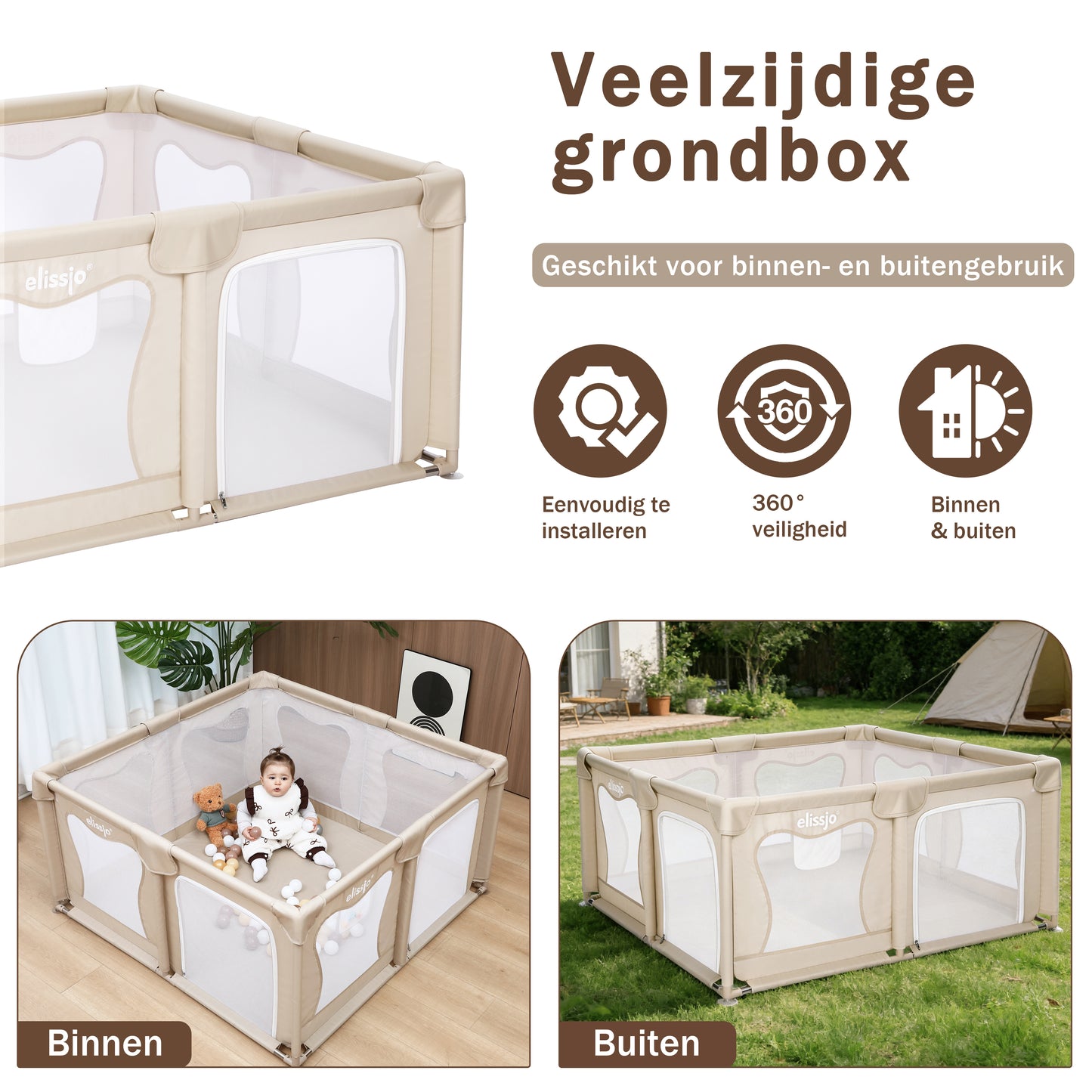 Elissio® Playpen 120×120 cm Beige
