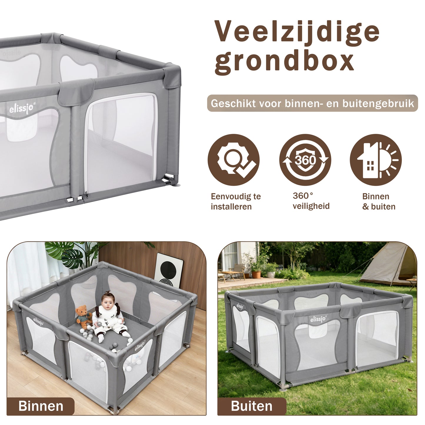 Elissio® Playpen 120×120 cm Gray