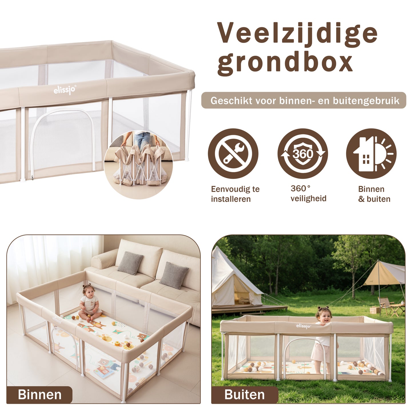 Elissio® Grondbox Inklapbaar 180×120 cm Beige Speelballen Edition