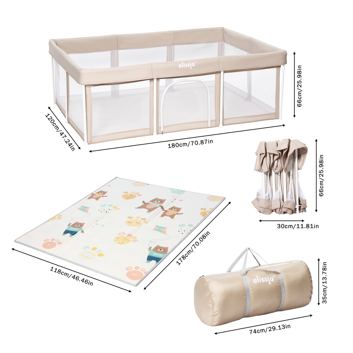 Elissio® Grondbox Inklapbaar 180×120 cm Beige Speelballen Edition